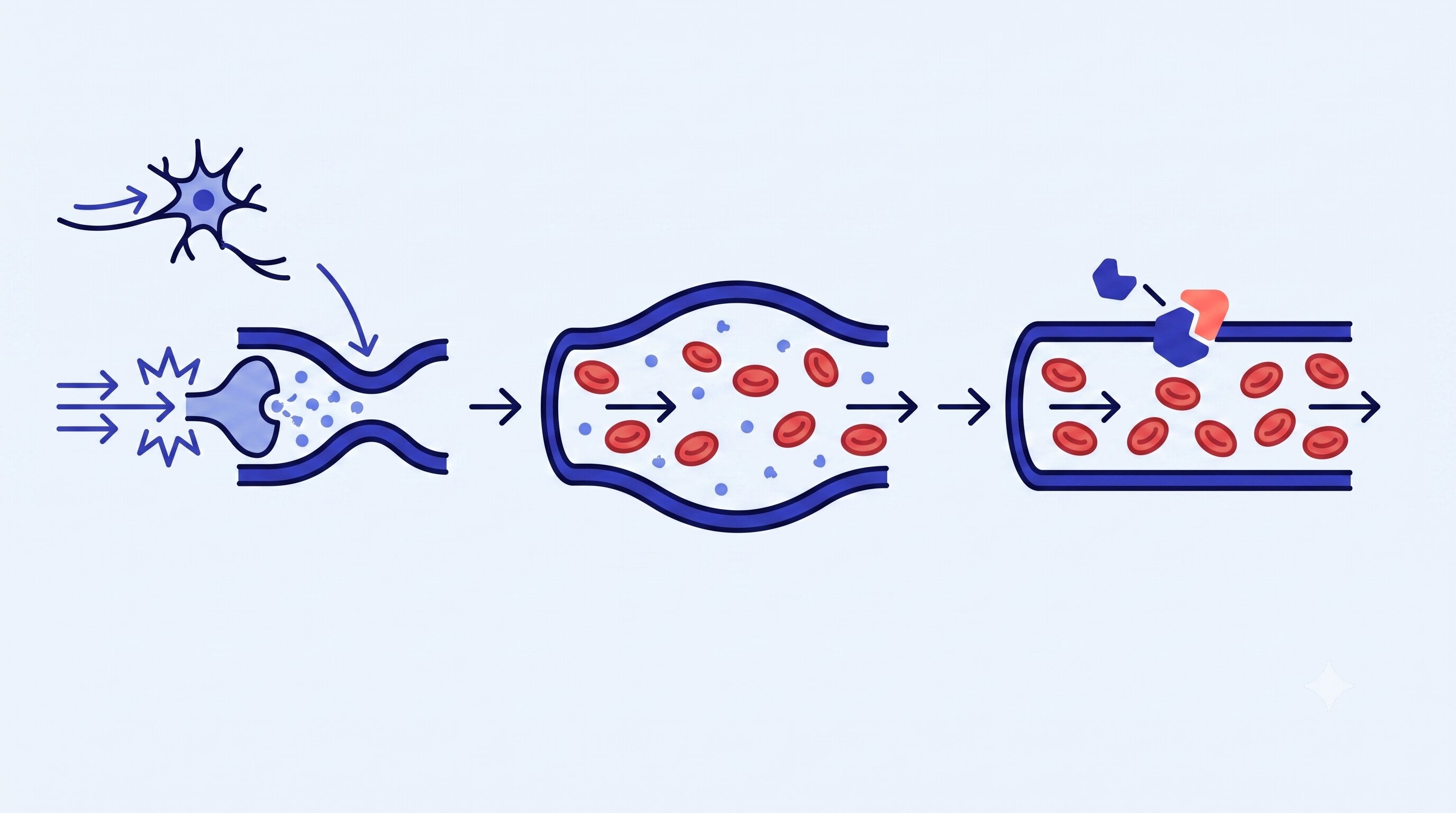 Diagram of how erectile dysfunction medication works: sexual arousal releases nitric oxide, cGMP relaxes and widens the penile blood vessels to increase blood flow, and a PDE5 inhibitor blocks the enzyme that breaks cGMP down